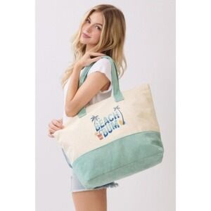 Beach Tote Bag Canvas Beach Bag Mint Green Cream Summer Vacation